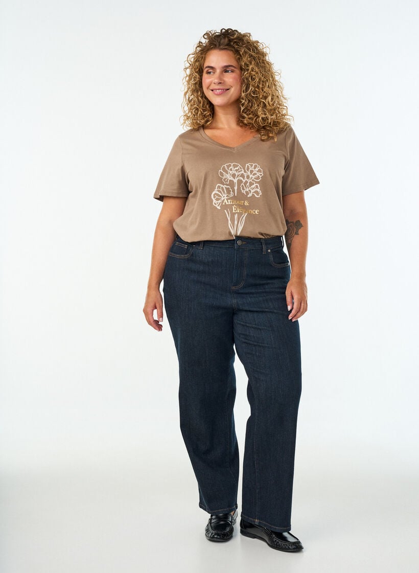 T-shirt i bomull med tryck framtill och v-ringning, Brun, Model image number 1