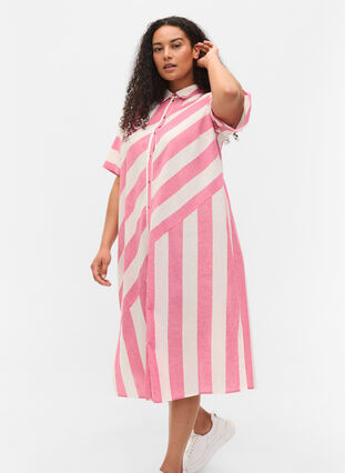 Kortärmad skjortklänning i bomull med ränder, Magenta Stripe, Model image number 2