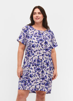 Klänning med mönster och korta ärmar, Purple Small Flower, Model image number 0