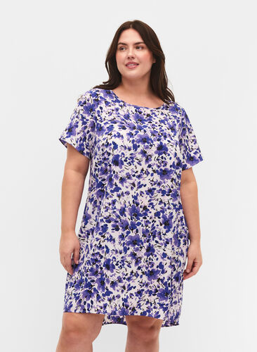 Klänning med mönster och korta ärmar, Purple Small Flower, Model image number 0