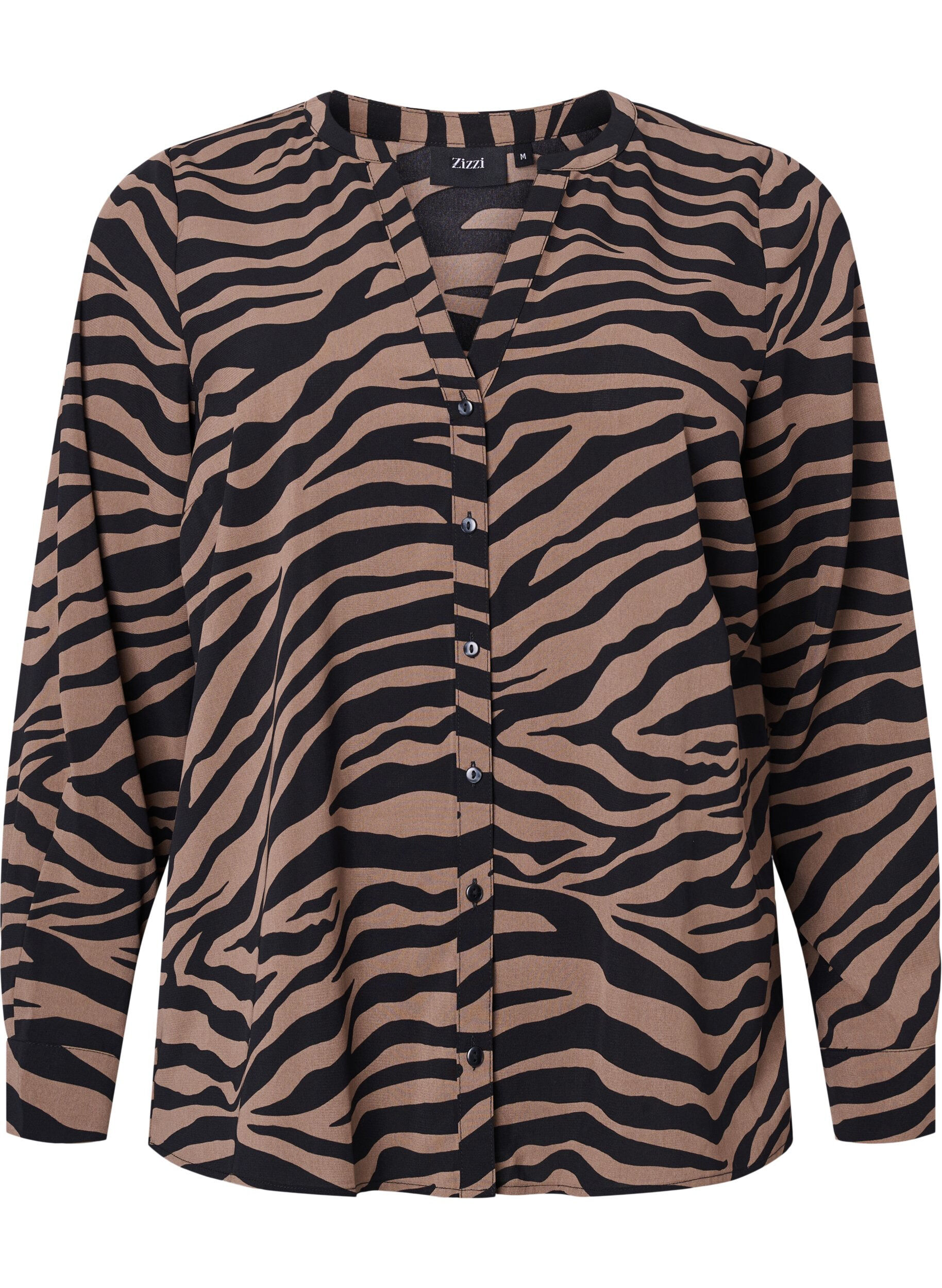 Zizzi V-ringad skjorta med zebram&ouml;nster, Black/Brown Zebra, Packshot image number 0