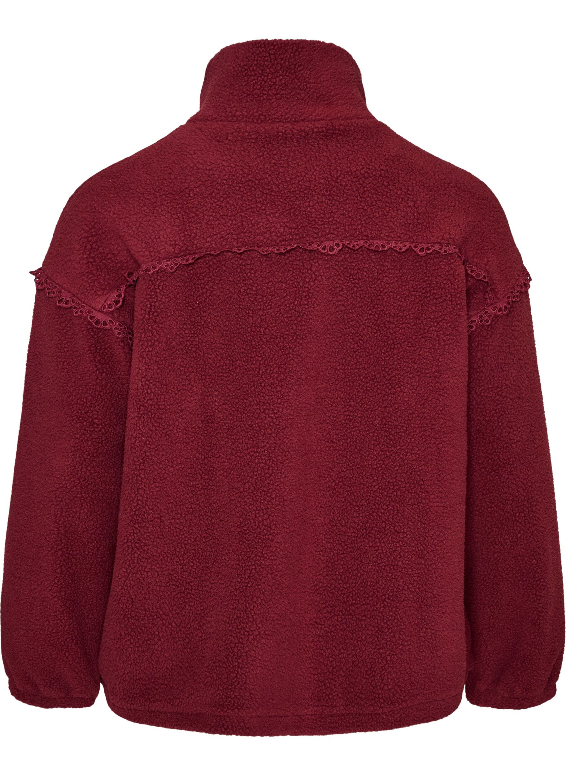 ZizziJacka i teddy med kant i broderie anglaise och h&ouml;g krage, R&ouml;d, Packshot image number 1