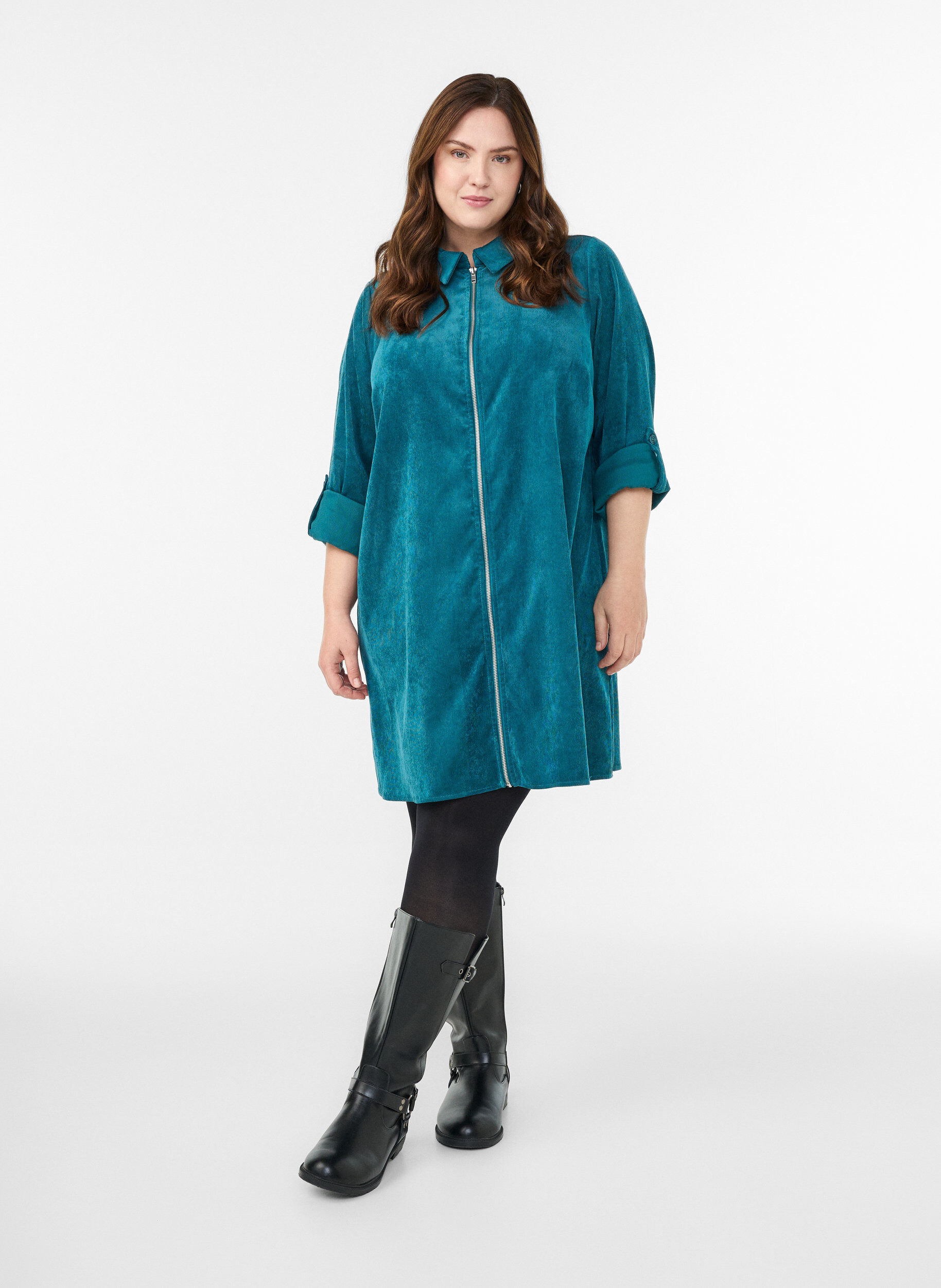 Zizzi Manchesterkl&auml;nning med dragkedja och 3/4-&auml;rmar, Gr&ouml;n, Model image number 1