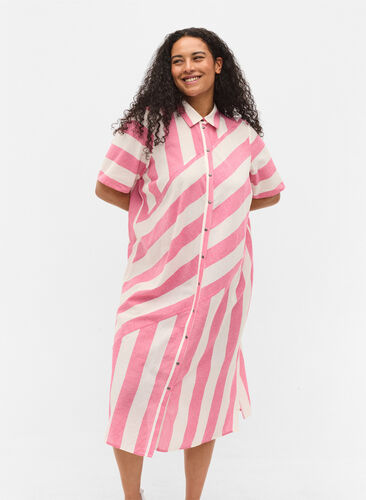 Kortärmad skjortklänning i bomull med ränder, Magenta Stripe, Model image number 0