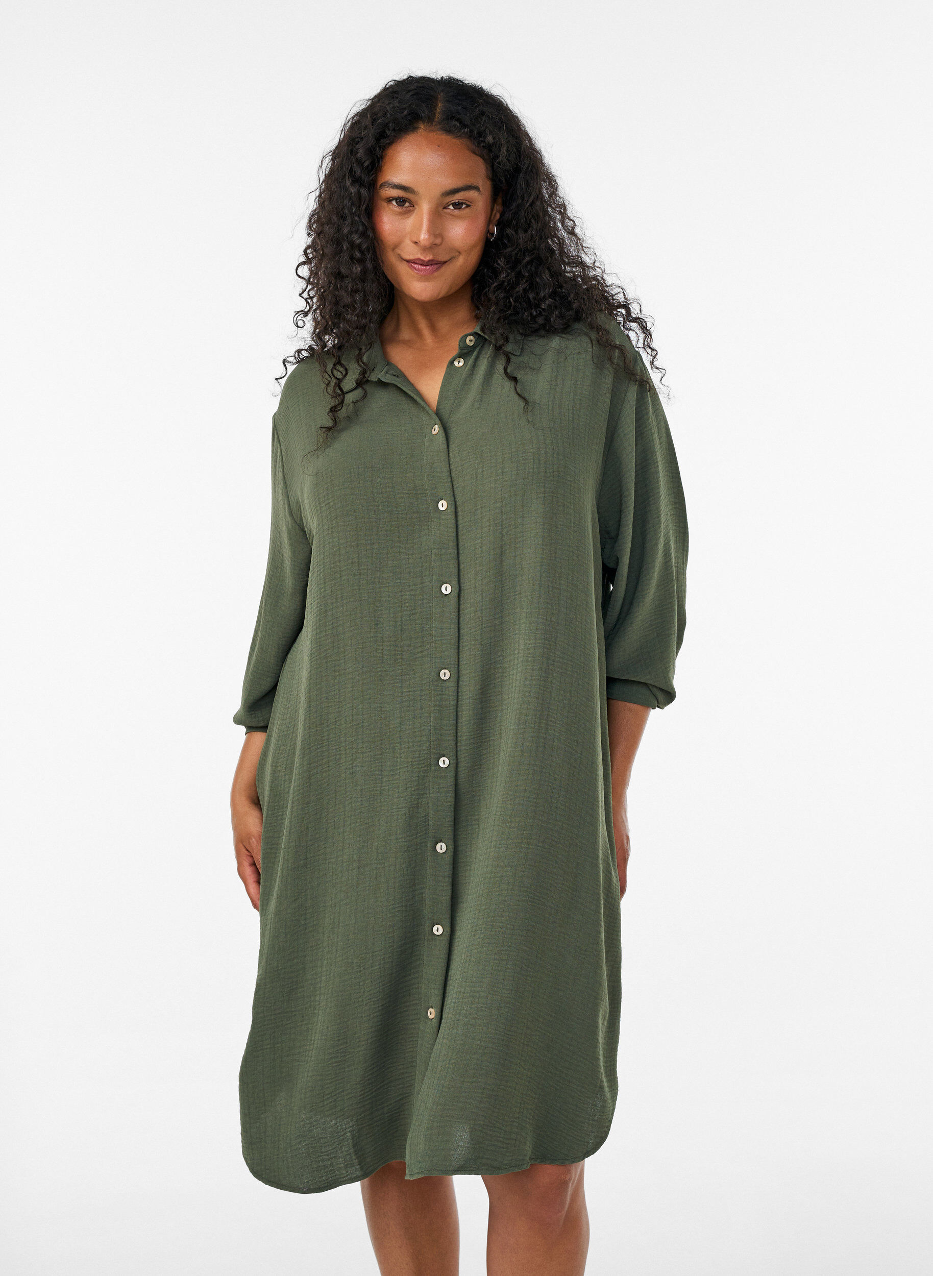 ZizziL&aring;ng skjorta med l&auml;tt struktur, Gr&ouml;n, Model image number 2
