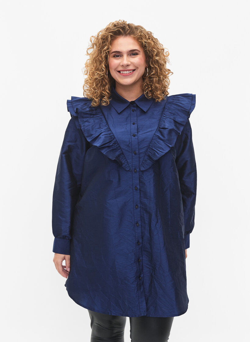 Enfärgad skjorta med volanger, Titan, Model image number 0