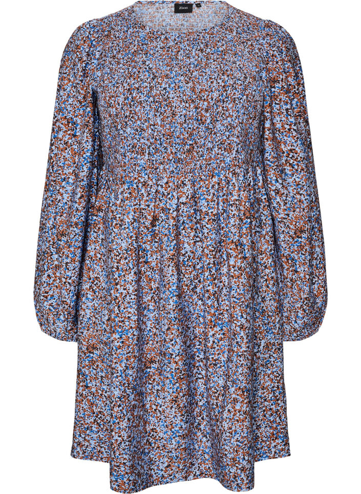 Kl&auml;nning i viskos med smock och helt&auml;ckande m&ouml;nster, Bl&aring;, Packshot image number 0