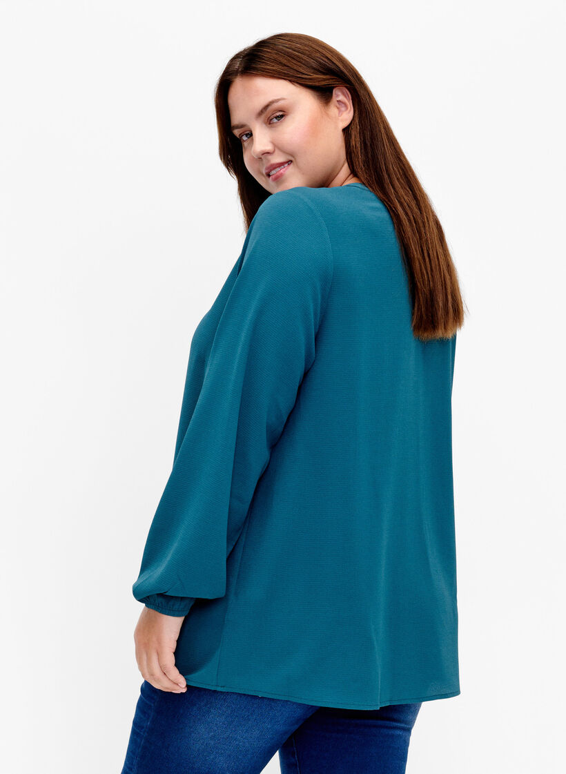 Enfärgad blus med v-hals, Deep Teal, Model image number 1