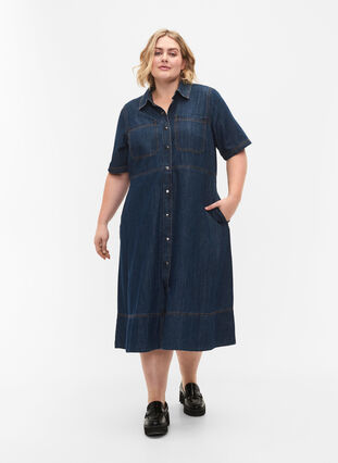 Skjortklänning i jeanstyg med korta ärmar, Dark blue denim, Model image number 0