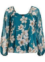 Chiffongblus med blommigt tryck och l&aring;nga &auml;rmar, Gr&ouml;n