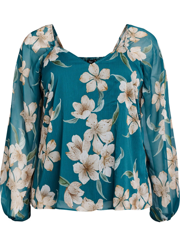 Chiffongblus med blommigt tryck och l&aring;nga &auml;rmar, Gr&ouml;n, Packshot image number 0
