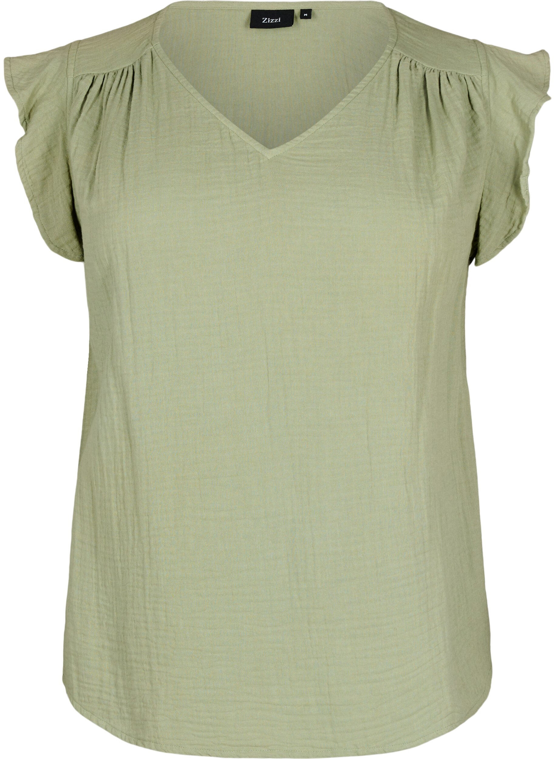 Zizzi&Auml;rml&ouml;s topp i bomullsmuslin med volanger, Gr&ouml;n, Packshot image number 0
