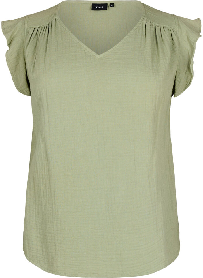 &Auml;rml&ouml;s topp i bomullsmuslin med volanger, Gr&ouml;n, Packshot image number 0