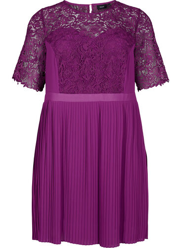 Kortärmad klänning med spets, Grape Juice, Packshot image number 0