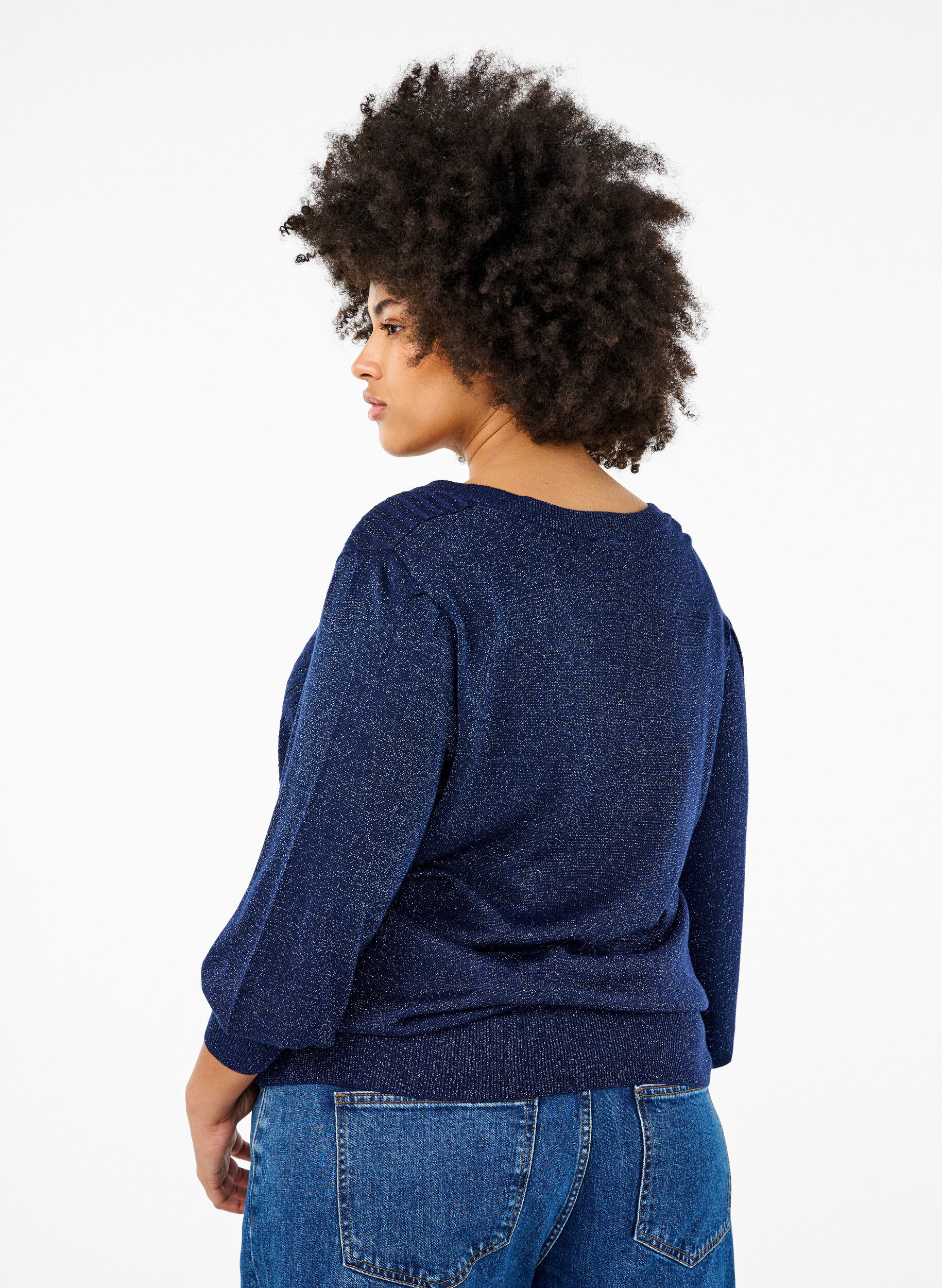 Zizzi Stickad blus med shimmer och V-ringning, Naval A.w.Blue Lurex, Model image number 1