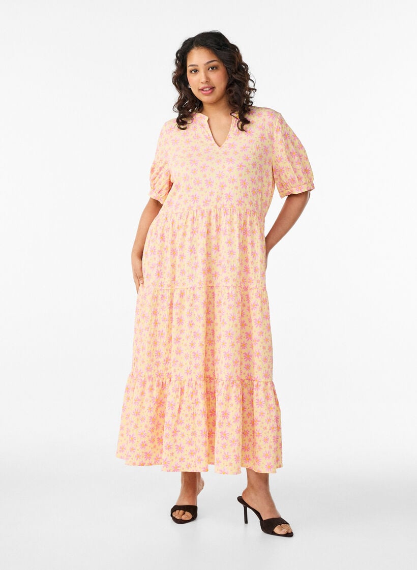 Ankell&aring;ng kl&auml;nning med korta &auml;rmar och volanger i etapper, Gul, Model image number 0