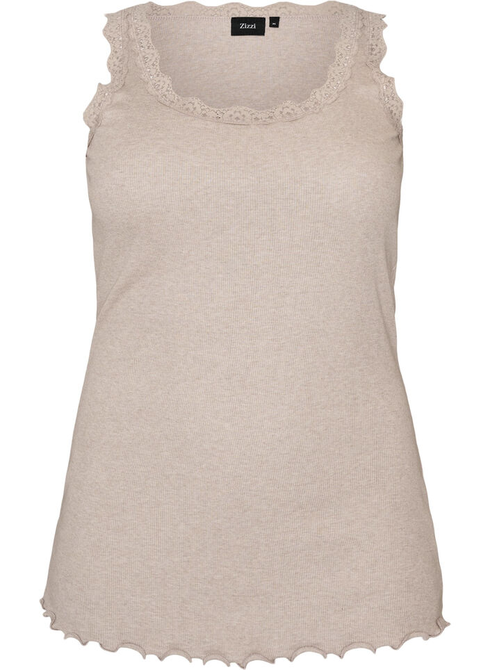 Ribbad topp med spetskant, Beige, Packshot image number 0