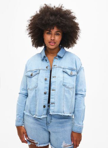 Kort jeansjacka med slitna detaljer, Light Blue Denim, Model image number 0