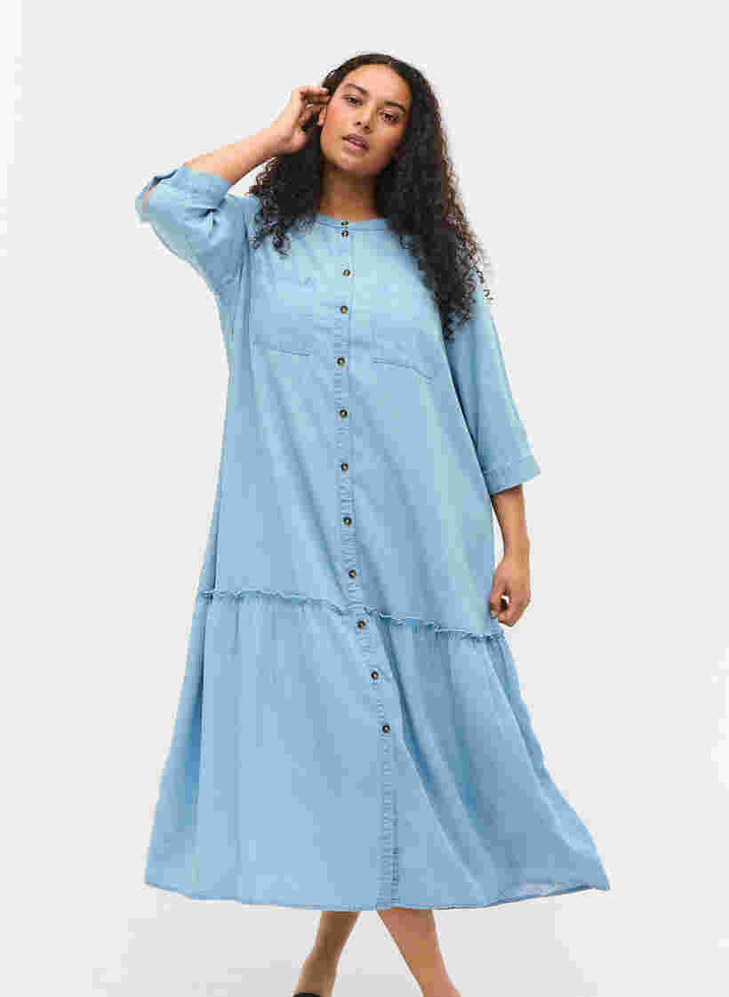 Midiklänning med knäppning och 3/4-ärmar, Light blue denim, Model image number 0