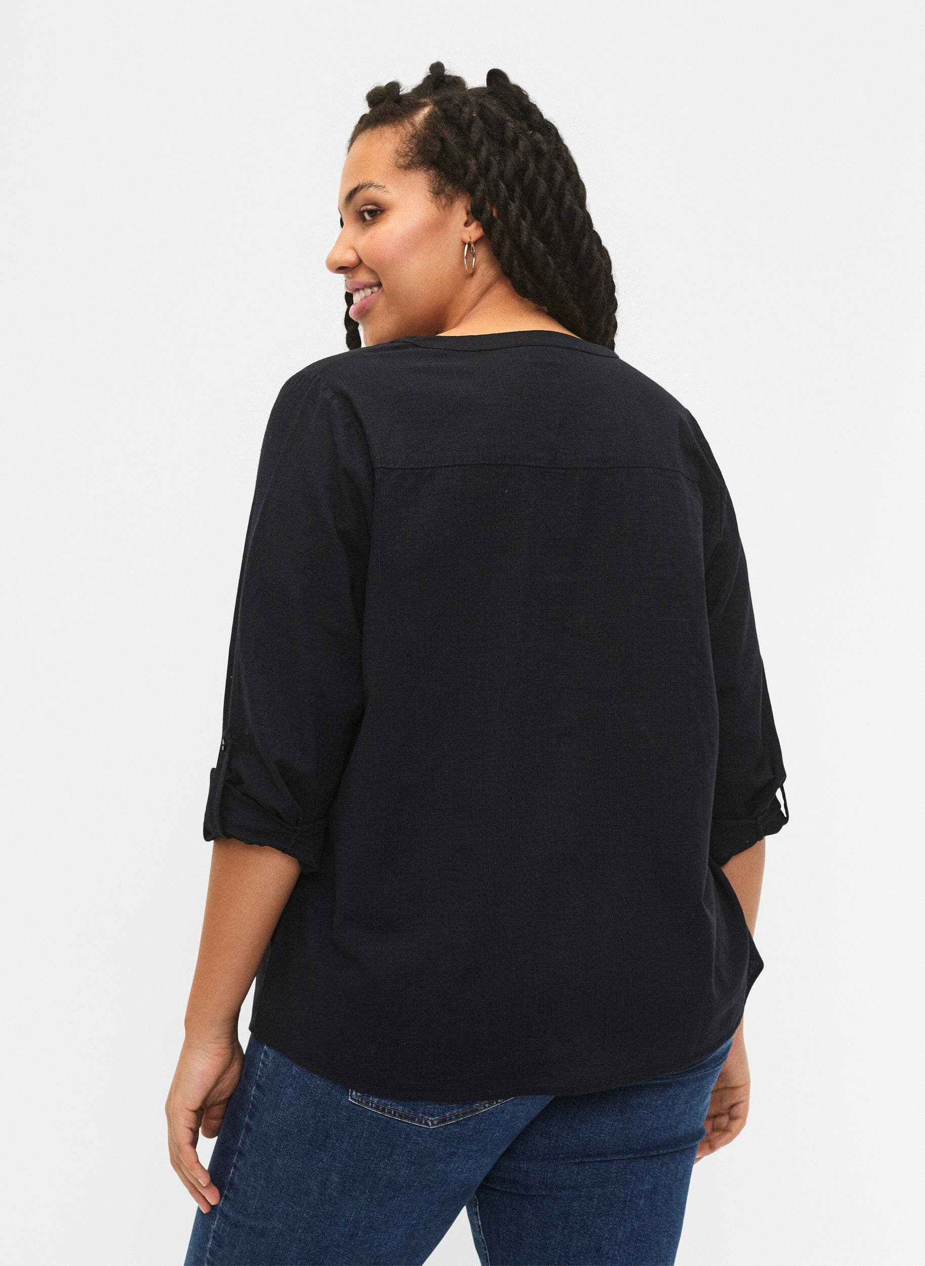 Zizzi Skjortblus i bomull med v-ringad hals, Black, Model image number 1