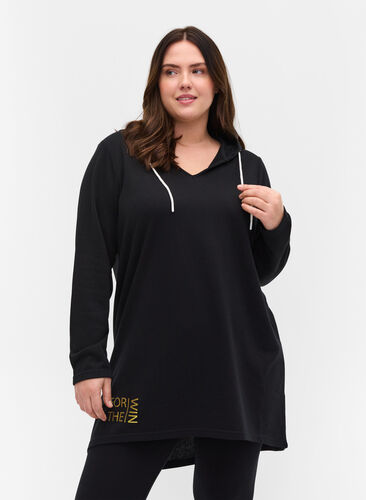 Lång sweatshirt med v-ringning och huva, Black, Model image number 0