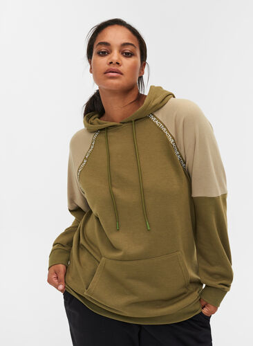 Sweatshirt med huva och ficka, Olive Drab, Model image number 0
