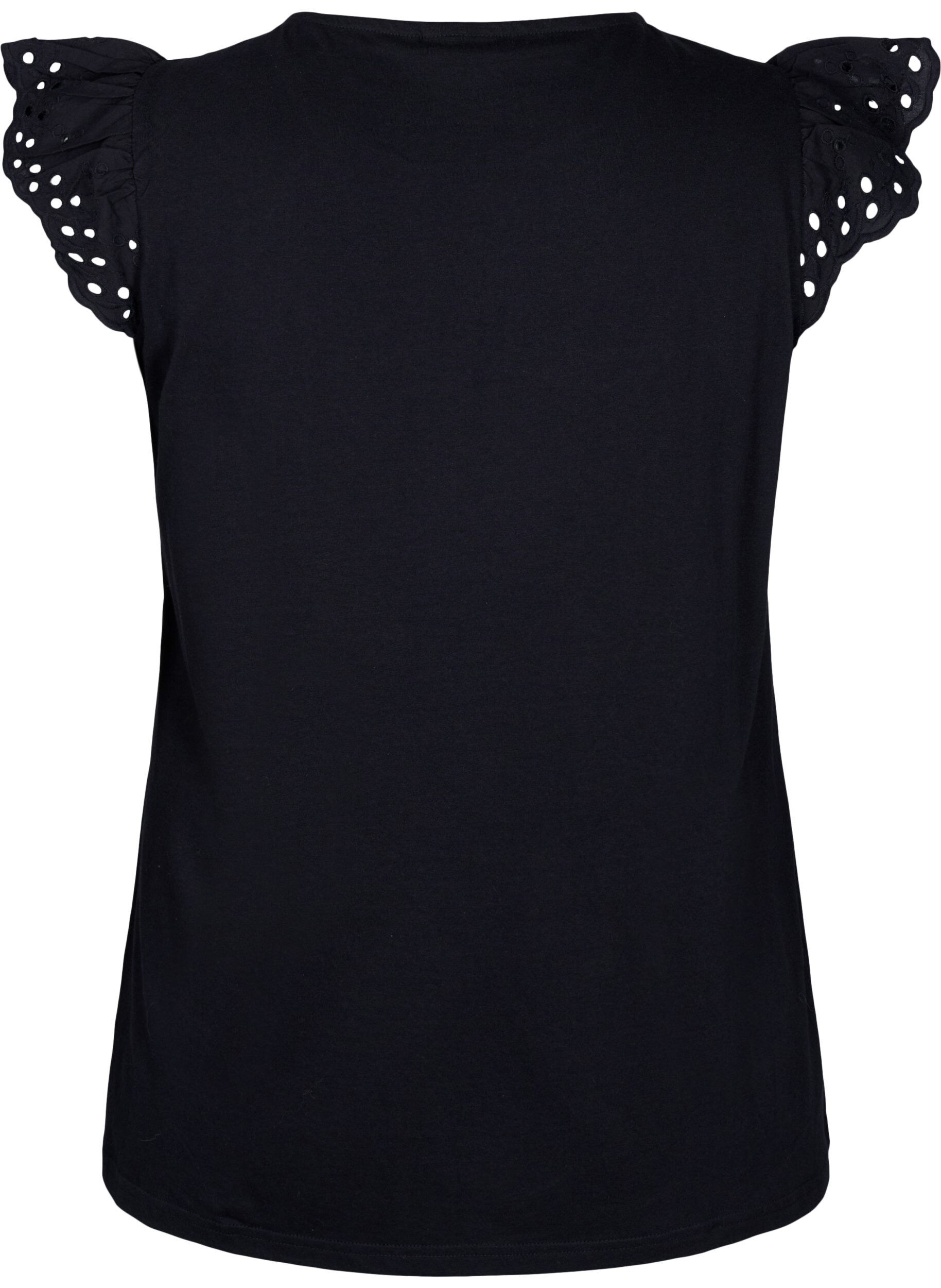 Zizzi T-shirt i ekologisk bomull med anglaise-broderi, Black, Packshot image number 1
