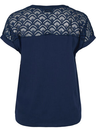 Kortärmad t-shirt av bomull med spets, Navy Blazer, Packshot image number 1