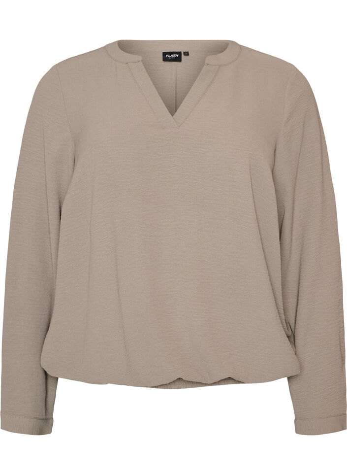 Blus i ballongsilhuett med v-ringning, Beige, Packshot image number 0