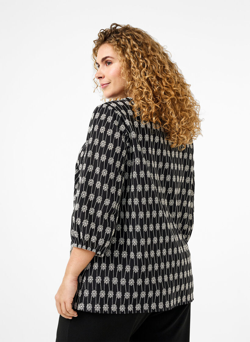 Skjortblus i bomull med blommönster, Black, Model image number 1