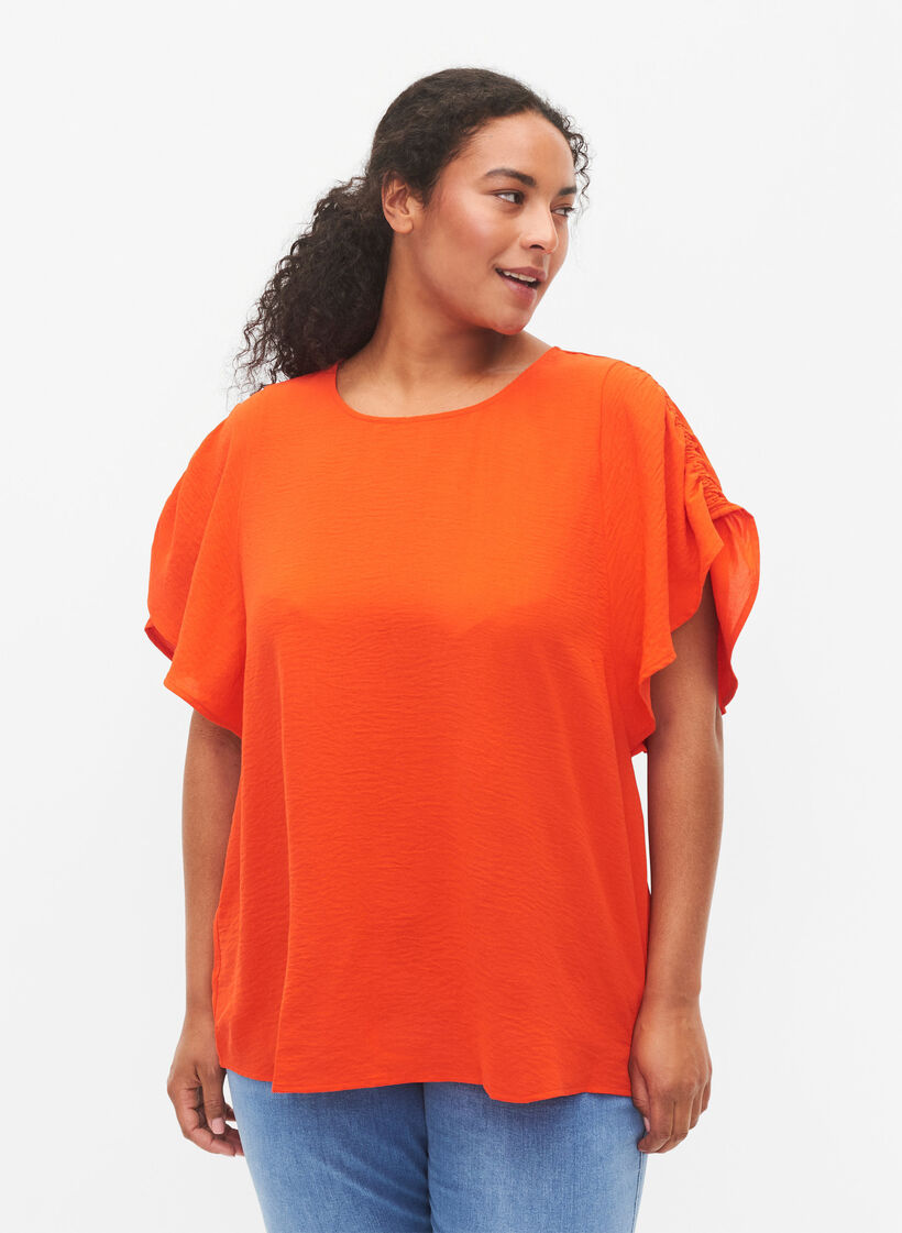 Kortärmad blus med rynkor, Orange.com, Model image number 0