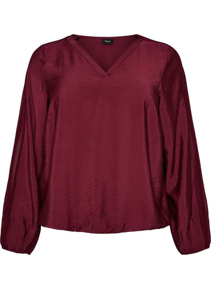 Blus med ballongeffekt och chiffongdetaljer, R&ouml;d, Packshot image number 0