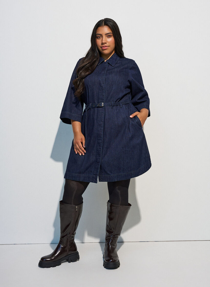 Jeanskl&auml;nning med sk&auml;rp och 3/4-&auml;rmar, Bl&aring;, Model image number 1
