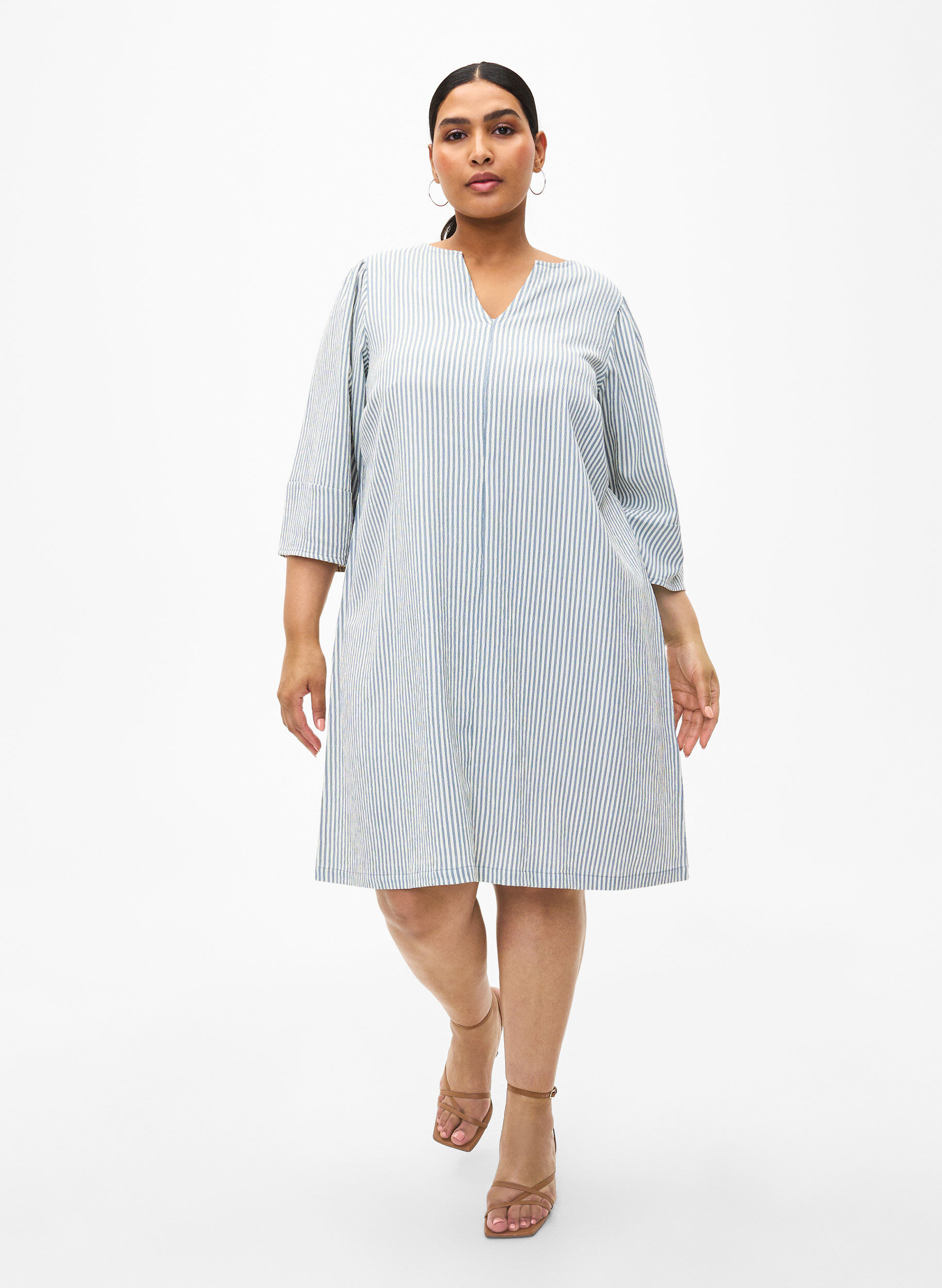 Zizzi Randig kl&auml;nning med trekvarts&auml;rm, Blue Stripe, Model image number 2