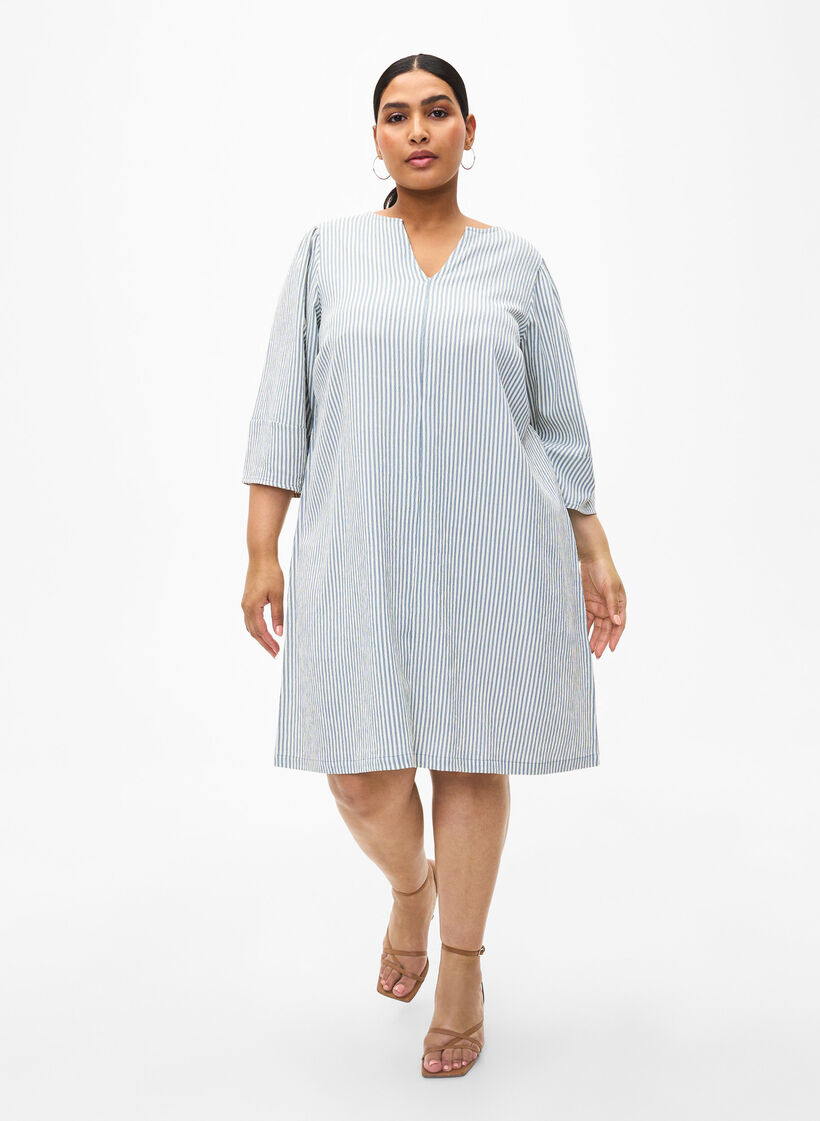 Randig klänning med trekvartsärm, Blue Stripe, Model image number 2