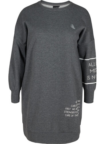Långärmad sweatshirtklänning med text, Dark Grey Melange, Packshot image number 0