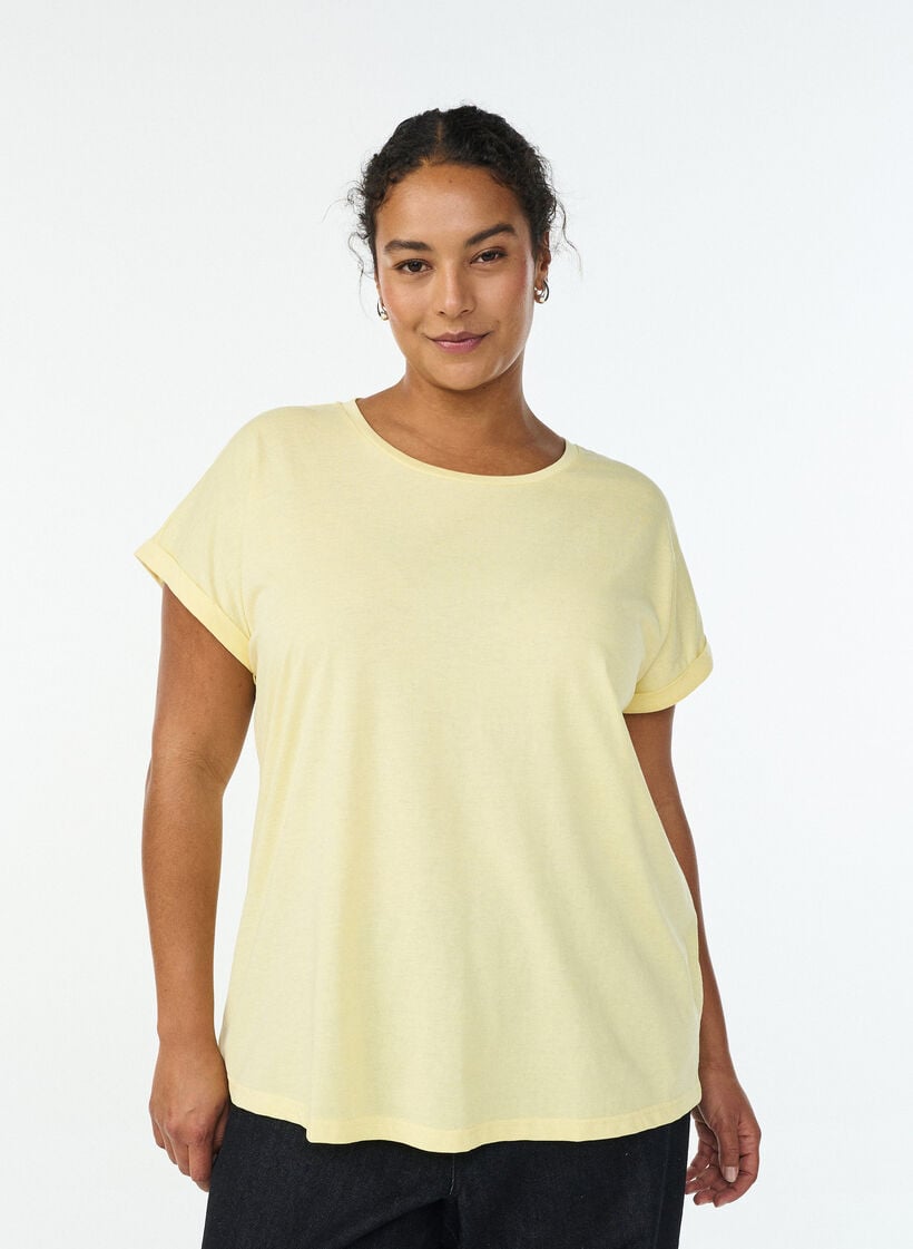 Kort&auml;rmad t-shirt i bomullsmix, Gul, Model image number 0
