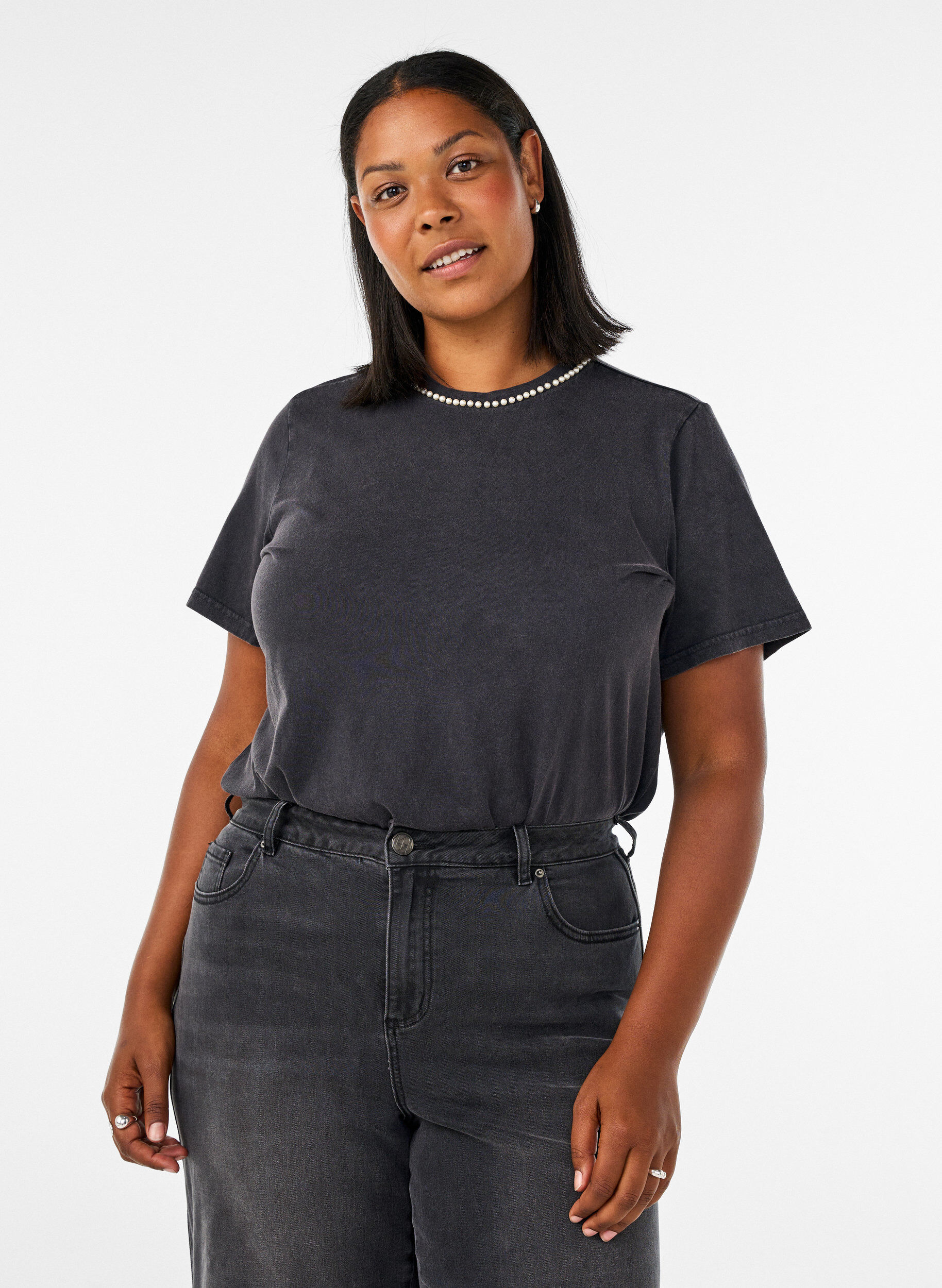 ZizziT-shirt i ekologisk bomull med grafiskt tryck, Gr&aring;, Model image number 0
