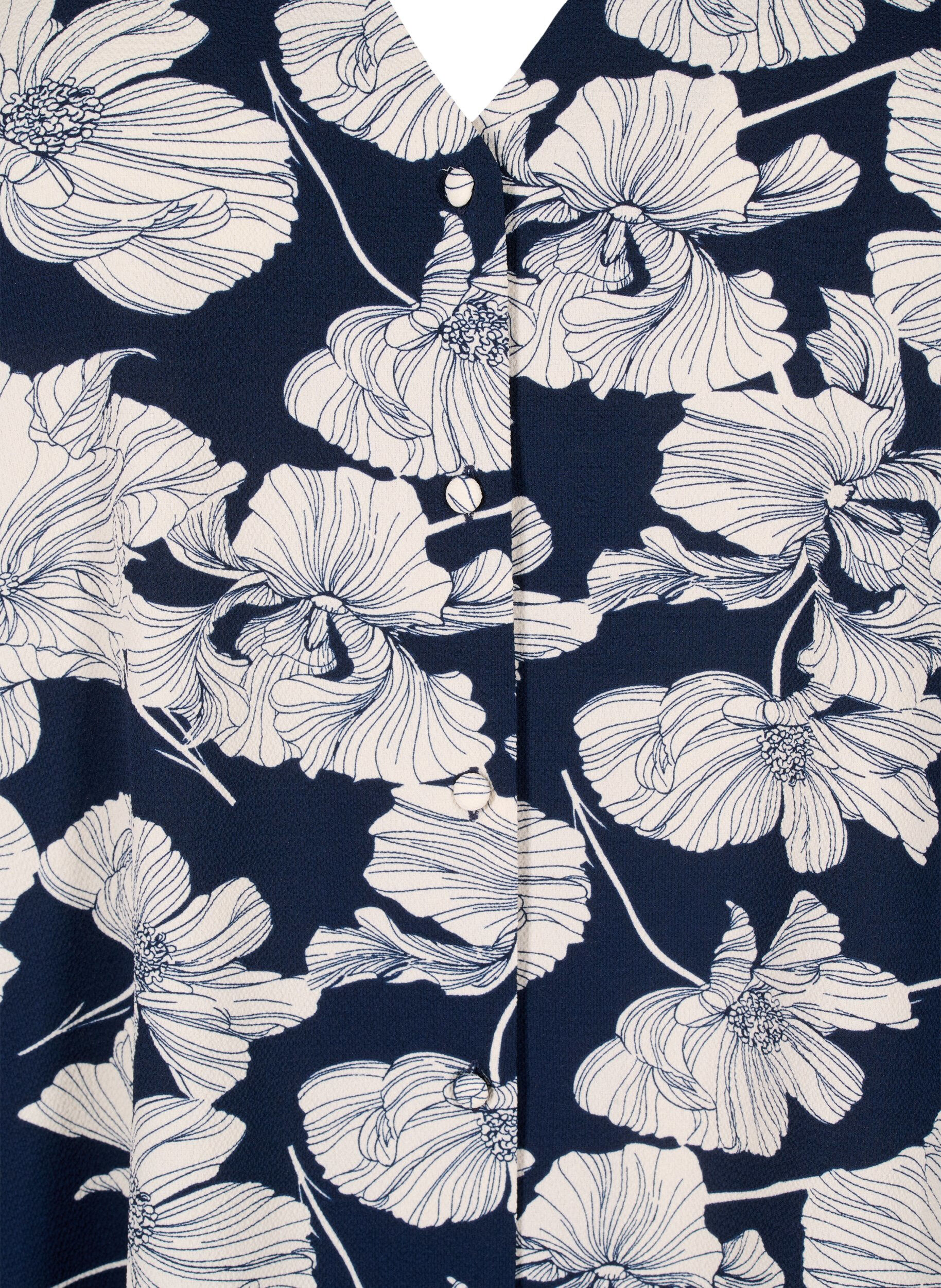 Zizzi Skjortblus med V-ringning och tryck, Navy B. Flower AOP, Packshot image number 2