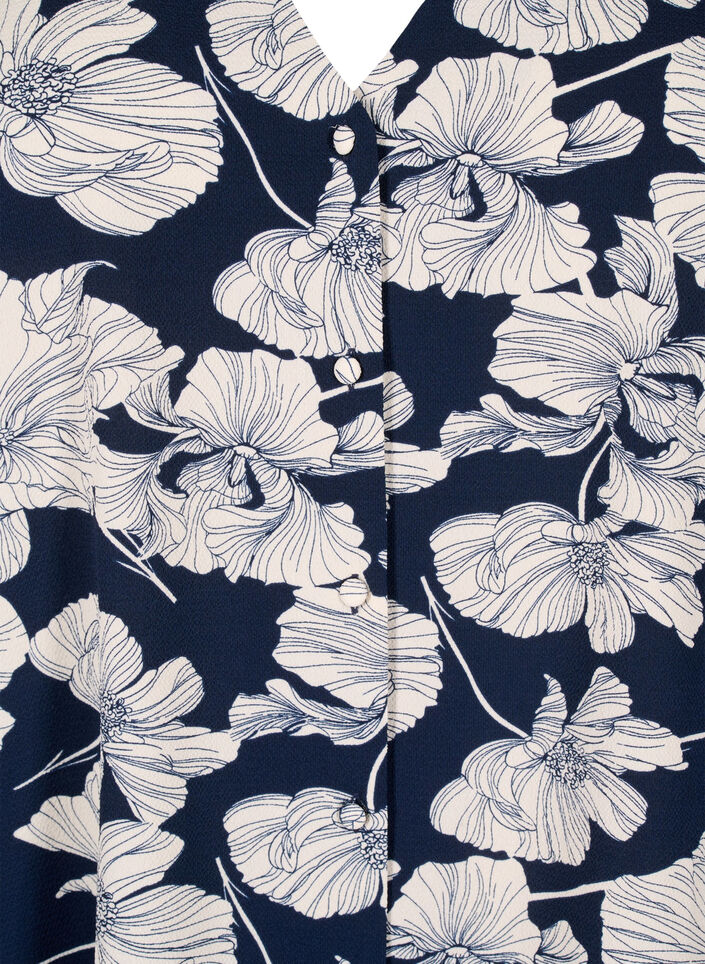 Skjortblus med V-ringning och tryck, Navy B. Flower AOP, Packshot image number 2