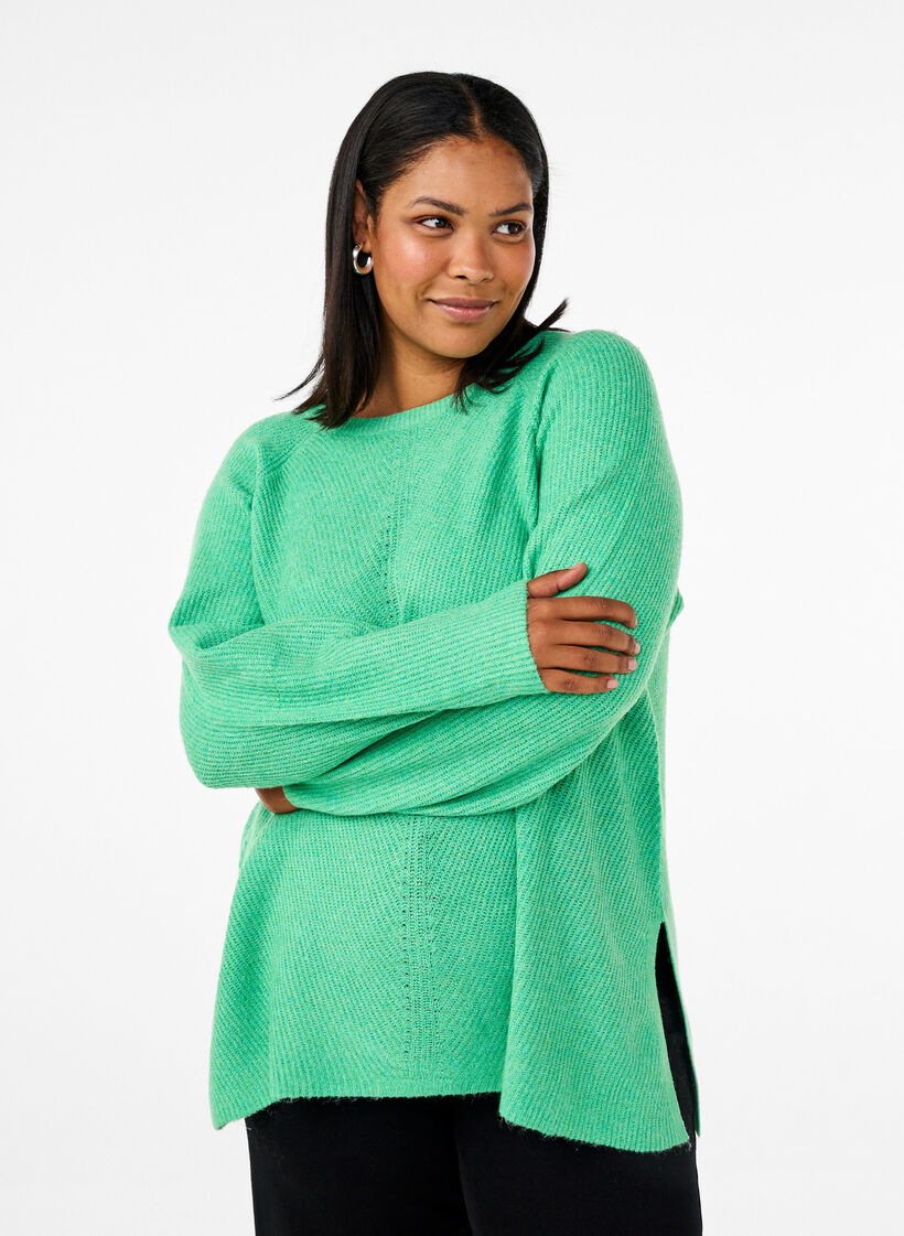 Stickad blus med rund halsringning, Light G. Green Mel., Model image number 0