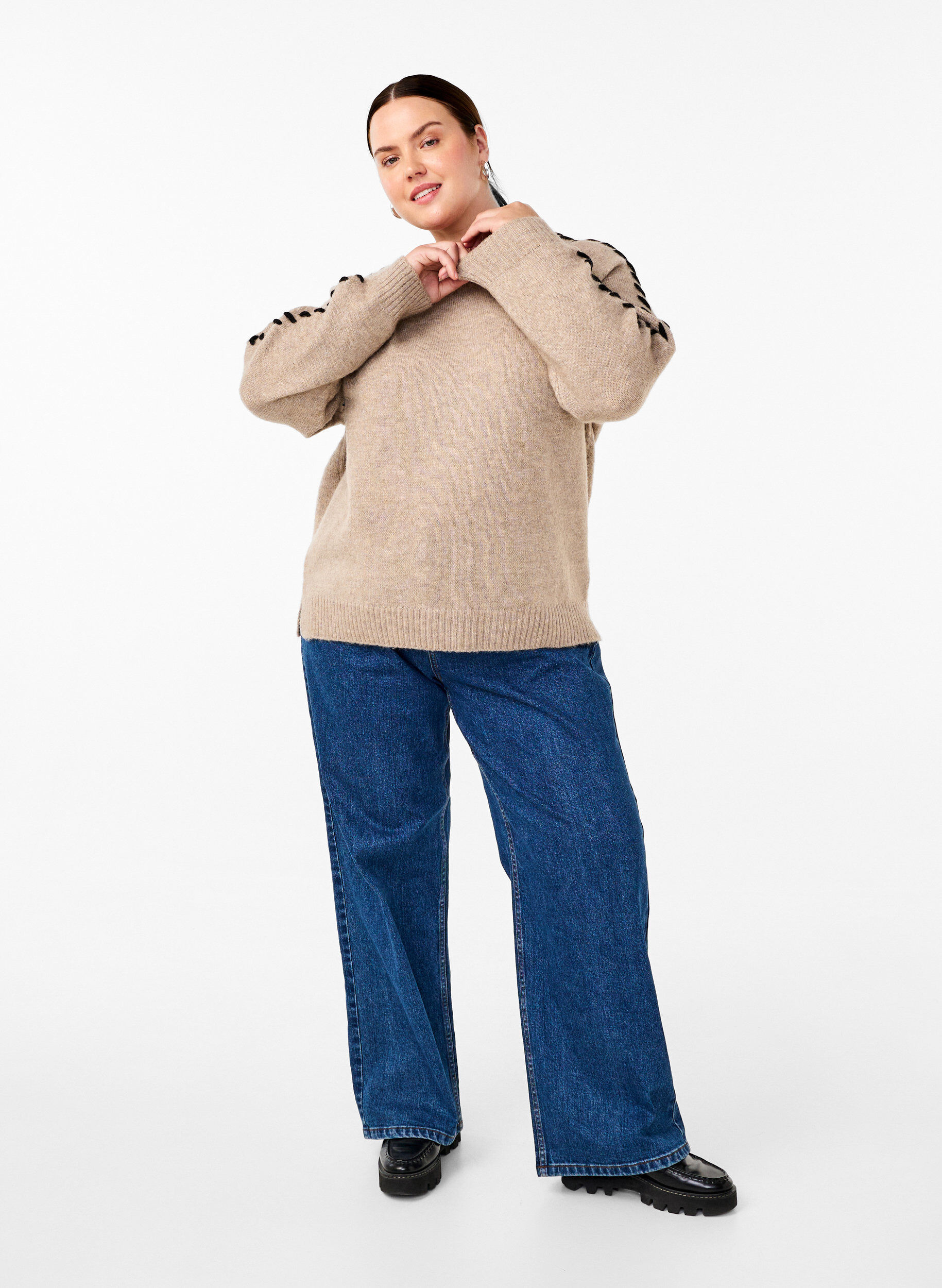 Zizzi Stickad blus med s&ouml;mmar, Desert T.Wh.Mel.Comb, Model image number 2