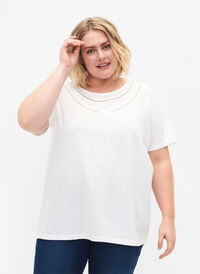 T-shirt i bomull med spetsband, Bright White, Model