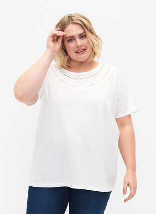T-shirt i bomull med spetsband, Bright White, Model image number 0