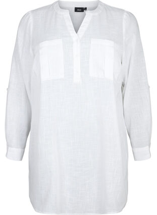 Tunika i bomull med trekvartsärm, Bright White, Packshot image number 0
