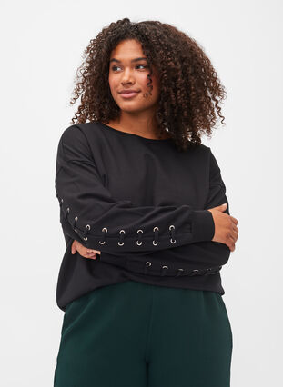Sweatshirt i bomull med snörning, Black, Model image number 0