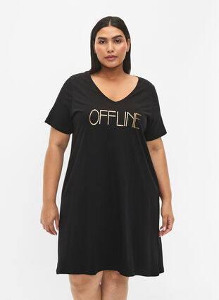 Organisk bomull nattklänning med V-hals , Black Offline, Model image number 0