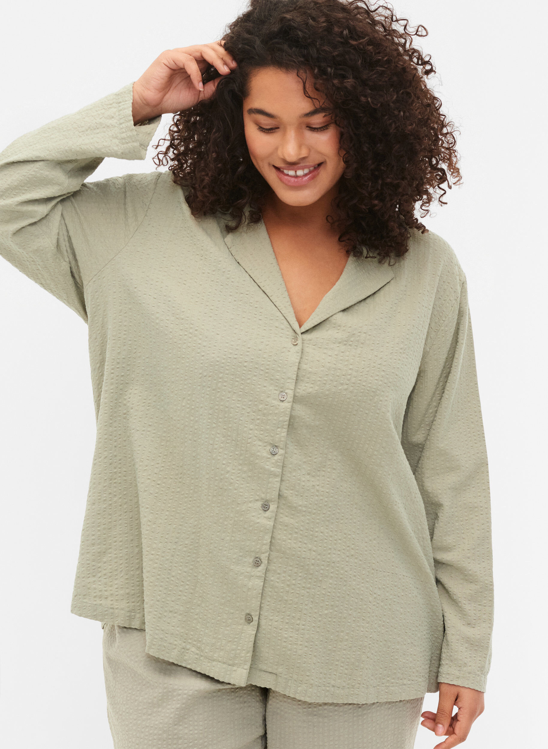 Zizzi Skjorta i bomull med struktur, Seagrass , Model image number 2