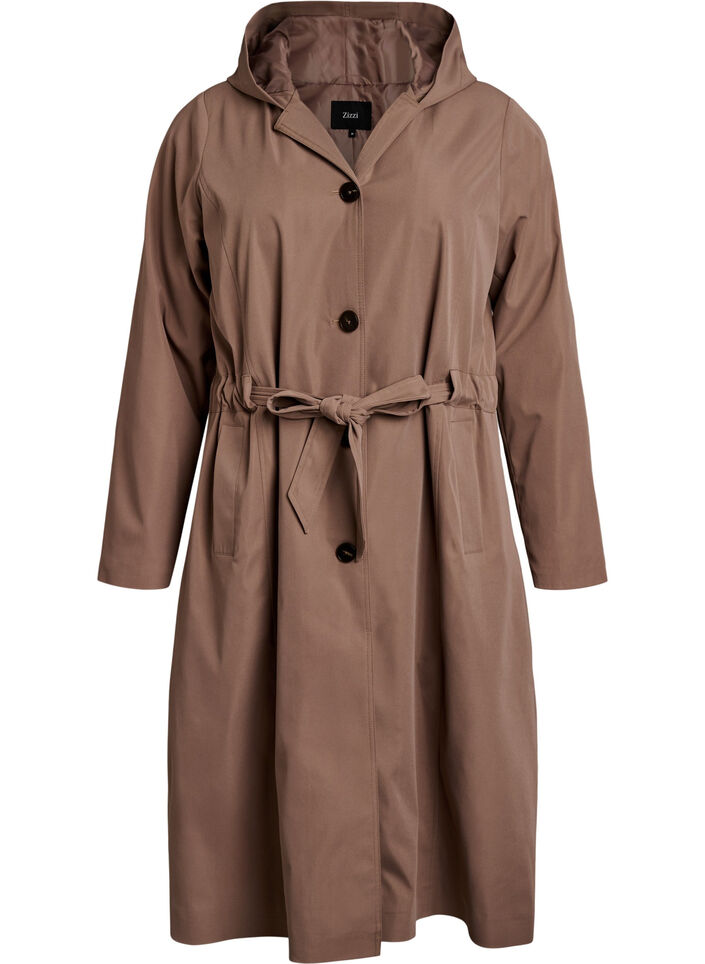 Trenchcoat med huva och knytsk&auml;rp, Brun, Packshot image number 0