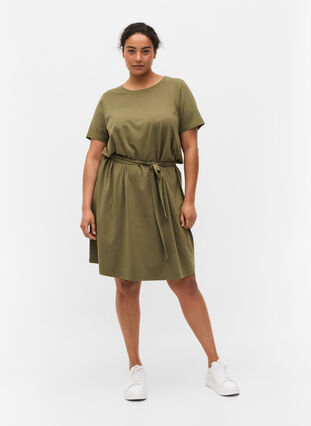 Kortärmad klänning med midjeband, Dusty Olive, Model image number 2